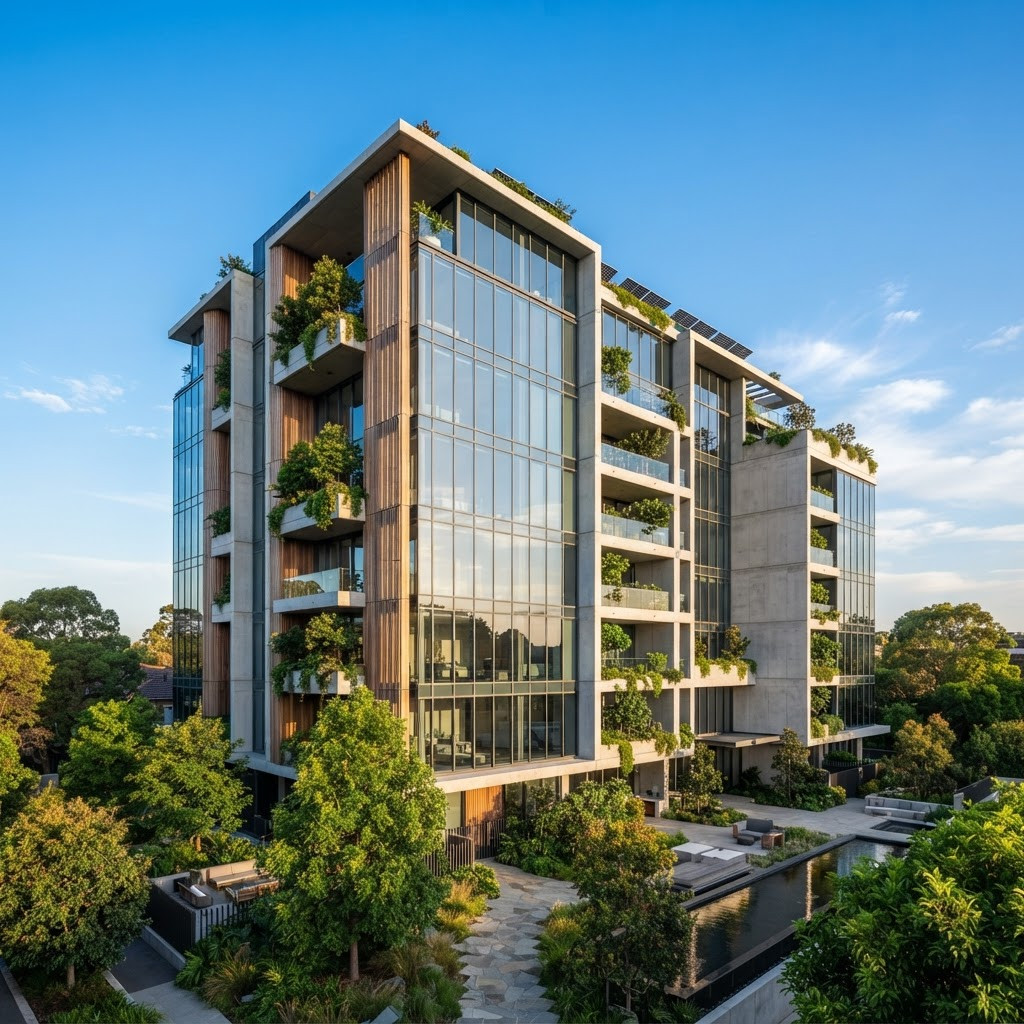 Modern sustainable multifamily residential building with glass facade and greenery